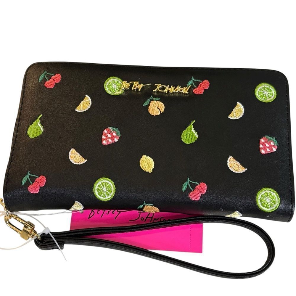 Betsey Johnson Fruit Embroidered Black Zip-Around Wristlet w/ Detachable Strap.